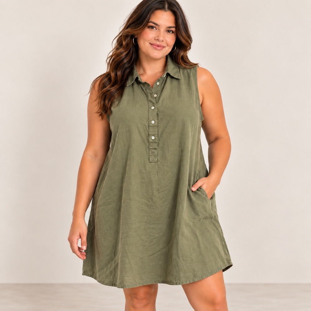 Tahari Womens 1X Olive Green 100% Linen Sleeveless Shirt Dress with Pockets